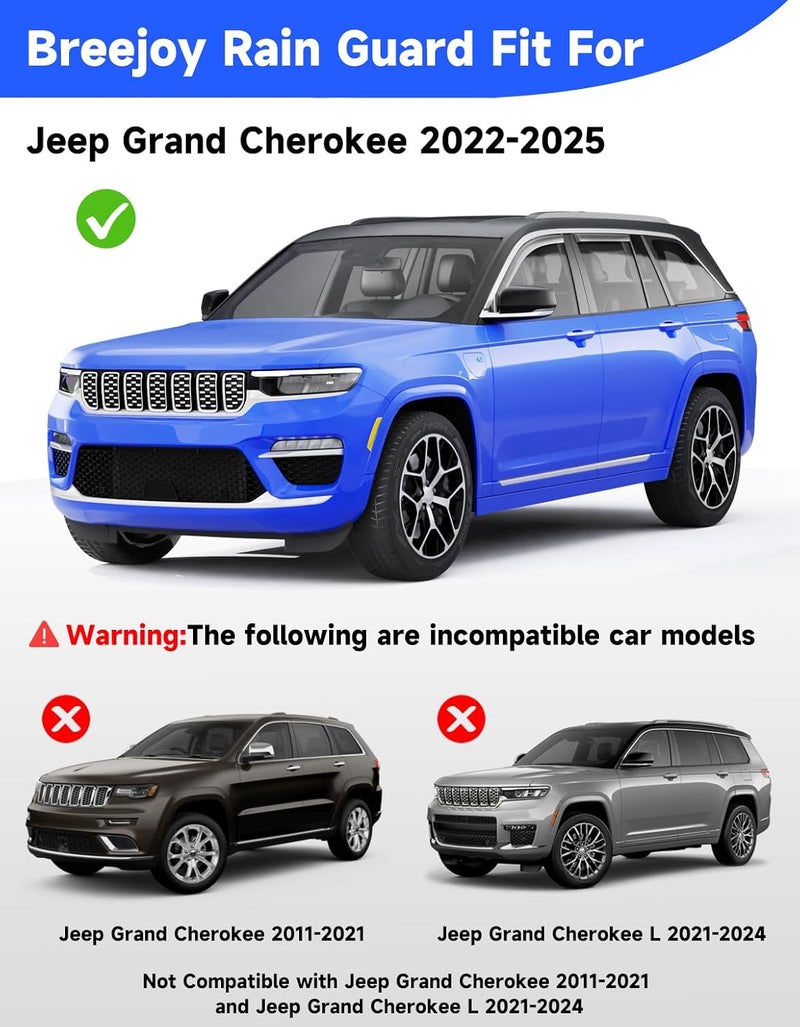 Breejoy in-Channel Window Rain Guards Fit for 2022-2025 Jeep Grand Cherokee 2-Row (Not for L 3-Row),Extra Durable Visors Vent Visors Window Deflector Vent Shades Car Accessories -4 pcs - Image 3